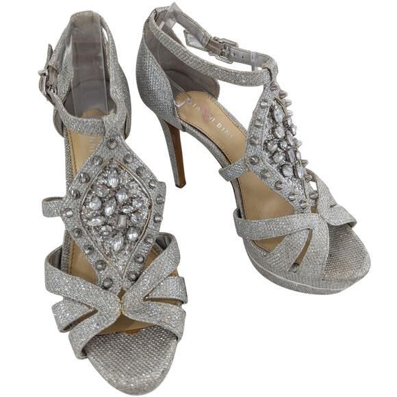 GIANNI BINI! SILVER TEXTURED LAME PLATFORM STILETTO SANDALS, HEELS! SZ 8M - Picture 7 of 7